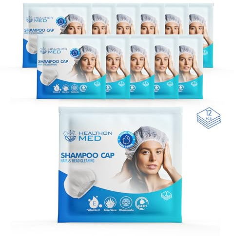 HEALTHONMED Shampoo Cap Rinse Free (Pack of 12) for Camping, Travel & Patients – Aloe Vera Disposable Hair Washing Cap, No Water Needed, Suitable for All Hair Types