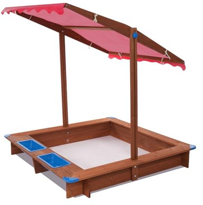 Arenero infantil para el jardín, arenero de madera con cubierta, caja de arena con techo 126 x 121 x 118 cm, fieltro para el suelo contra malas hierbas y parásitos – arenero con (rojo)