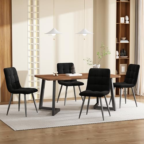 Matgrupp 5 delar: Modernt matbord med 4 sammetsstolar, valnöt MDF-bordsskiva, svarta metallben, ergonomisk design, perfekt för matsal och kök, elegant komfort.