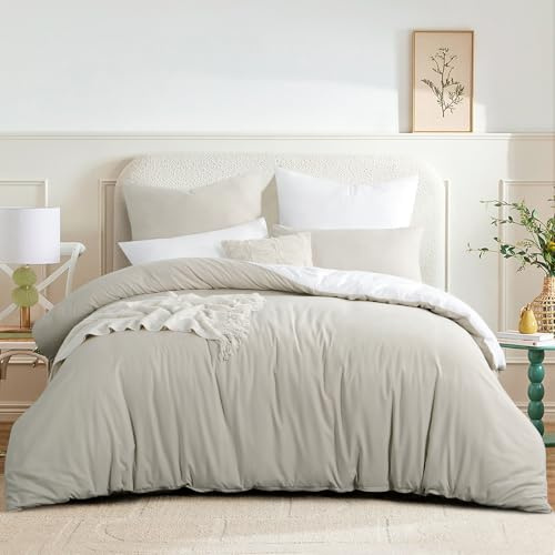 RUIKASI Ropa de cama de 220 x 240 cm, color beige y blanco, 3 piezas, reversible, funda nórdica de 220 x 240 cm con cremallera, ropa de cama de microfibra Öko-Tex, suave y no necesita planchado