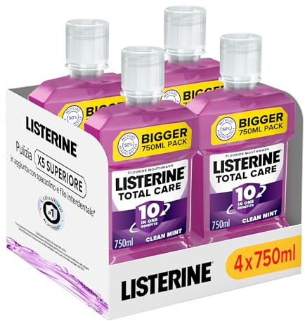 LISTERINE Total Care, Collutorio al gusto di Menta Pura, Collutorio con 10 benefici in 1 per una protezione completa e denti più forti, per un'igiene orale completa, 4x750 ml – Esclusiva Amazon