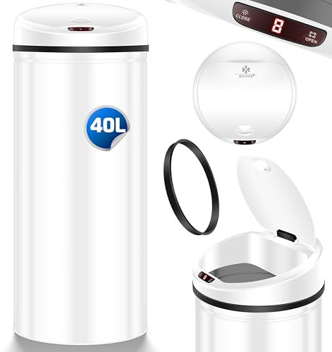 KESSER® Pattumiera con sensore ✓ Automatica ✓ Pattumiera ✓ rifiuti | acciaio inox | 40 litri bianco