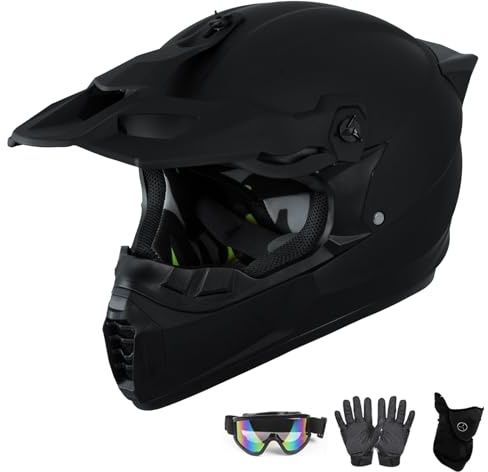 Youth Kids Motocross Helmet Full Face ATV/Dirt Bike Motorcycle with Fashionable Tail Wing Design, Goggles + Gloves + Mask, MTB BMX Off-Road Crash for Boys Girls(Sub-black,M(54~55cm))