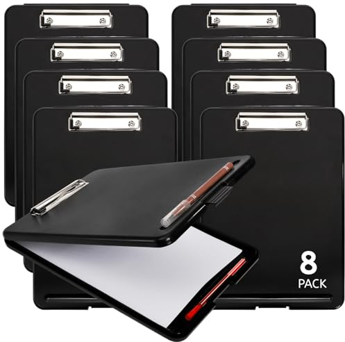 YOUEON 8 Pcs Plastic Clipboard with Storage, Letter Size Clipboards with Low Profile Clip, Waterproof Nursing Clip Board with Pen Holder & Side Opening for Office, School, Teacher, Black