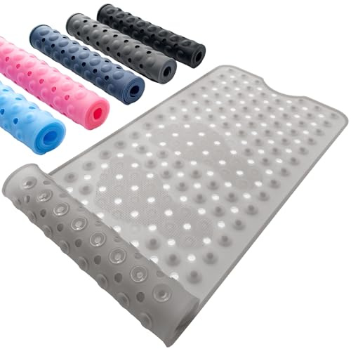Tappeto Vasca Antiscivolo in Silicone, 90 x 40 Cm Tappetino Vasca Antiscivolo con Ventosa & Grandi Fori di Drenaggio, Lavabile in Lavatrice, Accessori da Bagno Resistenti, Grigio Trasparente