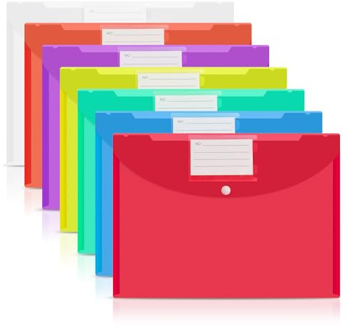 MOXYOY Plastic Wallets A4, 7PCS Plastic Folders Waterproof Document Wallets, Document Folders with Button for Home, Office, School and Travel