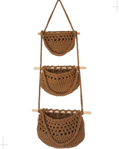 3-Tier Cotton Hanging Fruit Basket Set - Brown Macrame Wall Storage Organizer Baskets for Kitchen Bathroom Fruits Vegetables Produce Towels