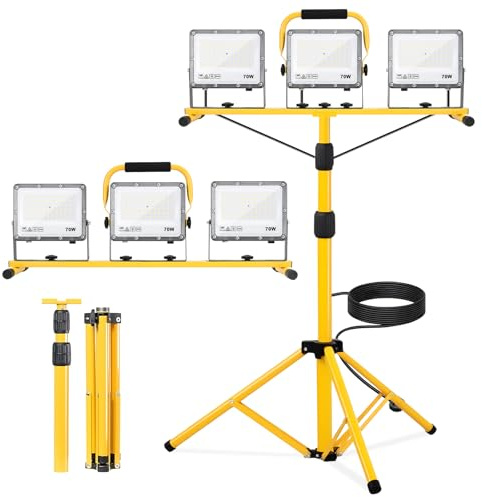 Yofuly Faro da Cantiere con Treppiede 3×70W 21000LM, Faretto da Cantiere IP66 Impermeabile, Faro da Lavoro con Cavo da 5m per Garage/Officina/Cantiere, lenti PC | Regolabile in Altezza 160cm
