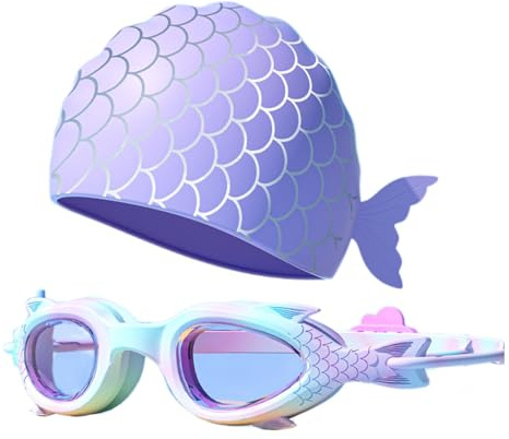 Oxxggkao Cuffia da nuoto per bambini, set di occhialini da nuoto per ragazzo e ragazza, occhiali da nuoto resistenti alle rane in silicone