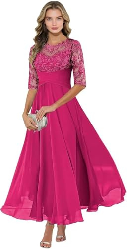 Te längd brudens mor klänningar för kvinnor chiffong spets applikationer halv ärm formell bröllop gästklänning, fuchsia, 48 SE/Plus