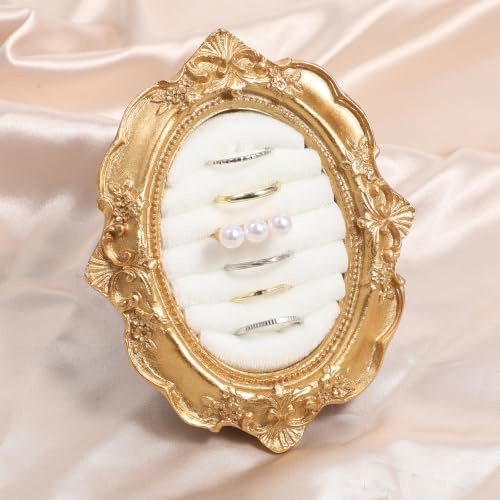 Zelphvt Vintage Ring Holder Oval Rings Display Jewelry Box, Lined Jewelrys Display Stand Engagement Rings Jewelry Organizer Tray Flat Lay Props Wedding Picture Frame Ring Holder for Birthday Gift