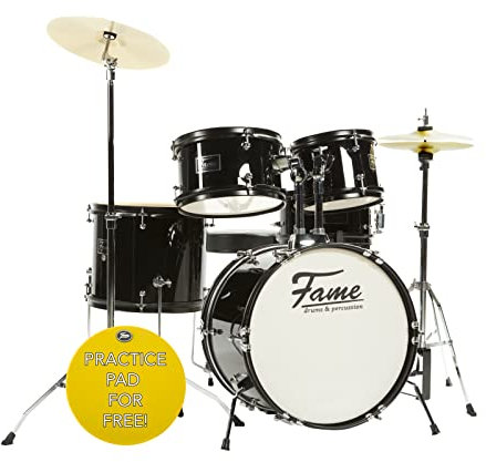 Fame 5 PC Drumset Black, Schlagzeug mit Bass Drum, Tom-Tom, Snare, Hardware und Hocker, inklusive Zubehör und Drumsticks. Perfekt für Einsteiger und Musikliebhaber