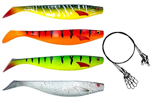 PetrisCatch 4er Allround Gummifisch Set + 4 Stahlvorfächer, 15cm, UV aktiv