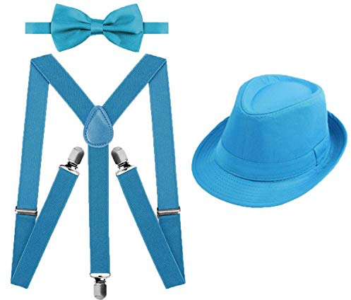 Juego 3 de Tirantes Elásticos Pajaritas Ajustables y Sombrero de Copa para Niños Adultos Fiesta Carnaval (Celeste, Pack niño/sombrero 54cm)