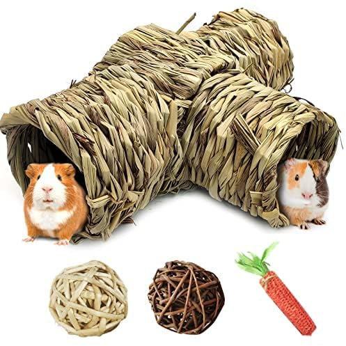 PINVNBY Hamstergras Tunnel Spielzeug Nature's Hideaway Meerschweinchen Tunnel und Röhren Stroh Tunnel Haus mit 4 Eingängen für Chinchillas Igel Ratten Rennmäuse (4 Stück)
