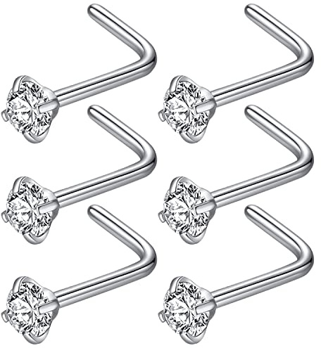 BLESSMYLOVE 6pcs 20g 3.0mm Clear CZ 316L Surgical Steel Silver Nose Studs Nostrial Piercing Body Jewerly L Shaped Studs for Women, Cubic Zirconia Stainless Steel Nose Rings
