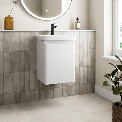 Affine® 400mm Vanity Unit Wash Basin Sink Bathroom Wall Mounted Storage Cabinet Cupboard Cloakroom, Soft Close Door, White Gloss