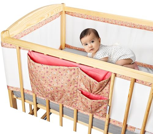 SweetComfort Babybettumrandung: Atmungsaktiv mit Aufbewahrungstasche - Passend für Babybetten 60x120 und 70x140 cm - Blumiges Rosa - Verstellbare Klettverschlüsse - für 3- bis 4-seitige Gitterbetten