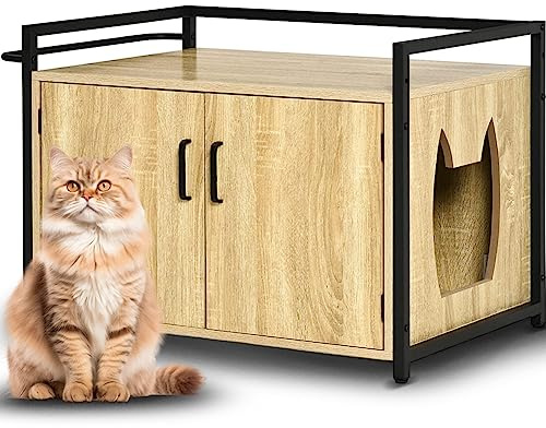 BAKAJI Meuble à litière pour chats relevé avec entrée latérale en forme de chat, armoire multifonction pour animaux domestiques avec 2 portes fermeture magnétique, lit avec structure en fer, 75 x 55 x