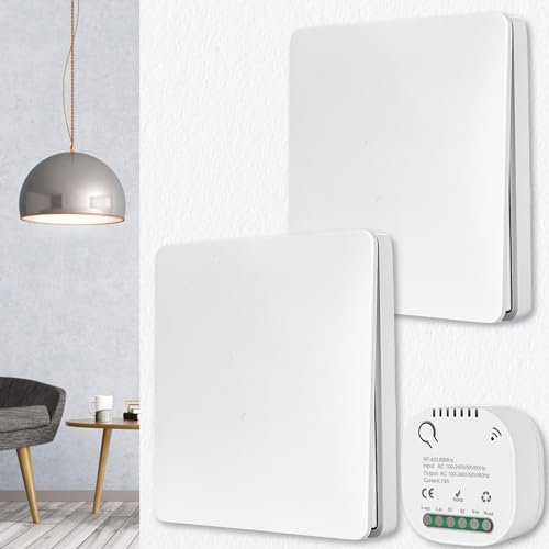 Funkschalter Set, Funk Lichtschalter, Funk-Wandschalter 50M Reichweite, Funkschalter Licht 230V, 2 Schalter mit 1 Empfänger Ohne Batterie, Wasserdicht Drahtlos Schalter für Lampe Innen Außenbereich