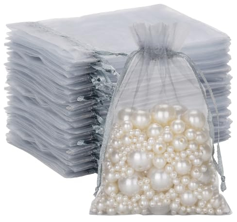G2PLUS Silver Grey Organza Gift Pouches 10x15 cm: Medium Favor Bags,50 PCS | Wedding Jewelry Bags, Clear Mesh Pouches for Wedding, Christmas, Birthday, Anniversary