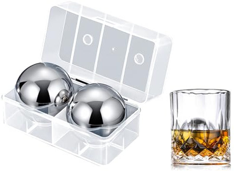 Kellegour 2 Stück Wiederverwendbare Edelstahl Eiswürfel Round,Edelstahl Whiskey Steine,Metall Kühlsteine,Whiskey Ice Cubes,Bar Zubehör Für Wein,Wodka,Likör,Getränkesaft oder Limonade,Silber