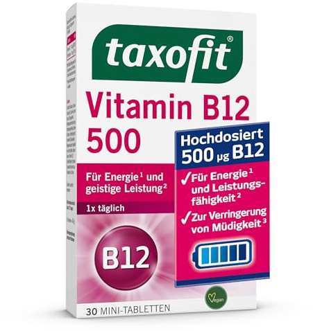 taxofit B12 500 Mini-Tabletten | Mit hochdosiertem Vitamin B12 | Für Energie und geistige Leistung | 30 Stück