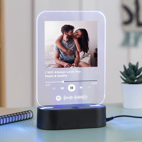 Made in Gift Lámpara Spotify Personalizada con Foto - Con Base o Marco - Diseño con Código Escaneable de Canción - Regalo Original para Parejas o Amigos