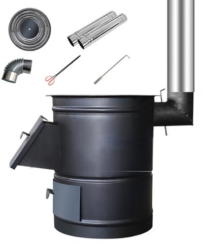 Pelletöfen zum Heizen von Häusern, Holzofen, zylindrischer Innenküchenofen zum Heizen, Kochen und Grillen - Schwarz (Größe: 58 * 50 cm)