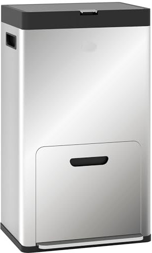 HOMCOM Kitchen Bin, 2 x 18L and 20L Volumes, Stainless Steel 3 Compartment Bin with Wheels, Soft Close Lid, Removable Inner Buckets, Fingerprint-Proof for Recycling and Waste, Silver Tone