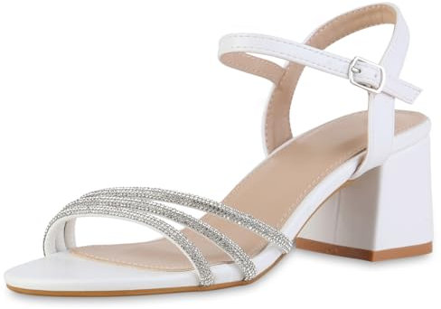 VAN HILL Damen Riemchensandaletten Blockabsatz Strass Party Schuhe 216940 Weiss Strass 38