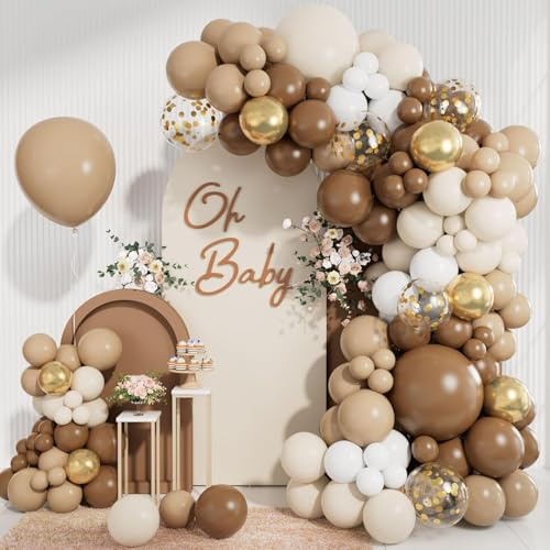 Brown Balloons Arch Garland Kit, Different Sizes 18 12 10 5 Inch Brown Nude Gold Boho Neutral White Latex Metallic Confetti Balloon for Bear Baby Shower Safari Birthday Party Decorations