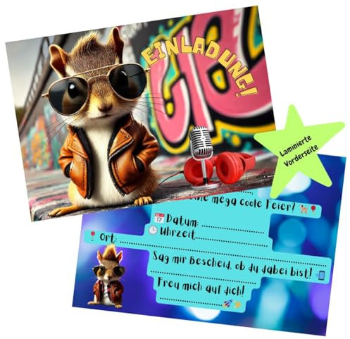 Olanmarp Einladungskarten Kindergeburtstag Tiere lustig – 10x Karten DIN A6 coole witzige Einladungen für Jungen & Mädchen (Eichhörnchen)