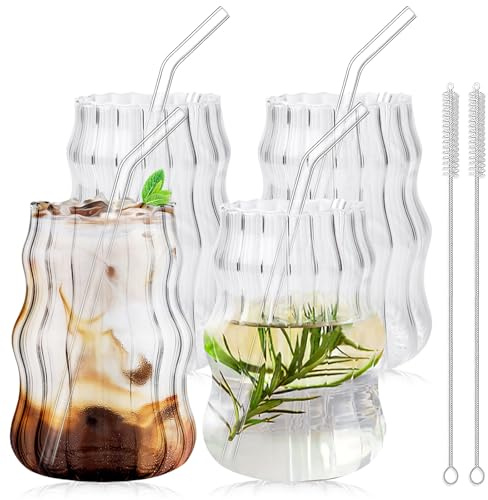4 stycken 530 ml glaskoppar med lock och sugrör, ribbade dricksglas-set, bubble tebägare, iskaffeglas med glassugrör, räfflade glas, koppar för te, mjölk