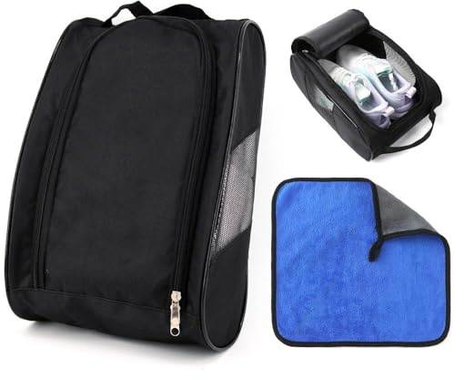 Golf Shoe Bags for Men Women, Waterproof Football Boot Bag with Shoe Towel, Black Durable Travel Shoe Bag for Storage, Ventilation Breathable Walking Boot Bag for Sports Unisex