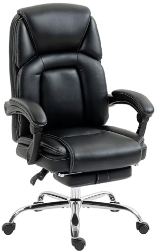 HOMCOM Sedia Ufficio Reclinabile con Imbottitura Spessa, Poggiapiedi, Sedia Scrivania Girevole in Pelle PU con Schienale Alto, Braccioli Imbottiti, Altezza Regolabile, Ruote, Portata 120kg, Nero