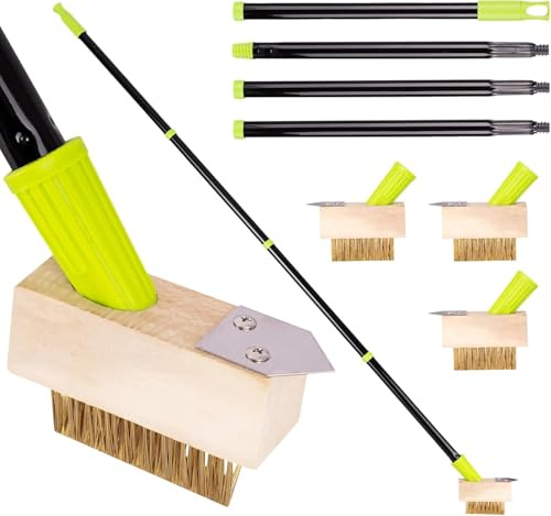 CUQOO Weed Remover Tool with Extendable Long Handle | Wire Brush & Scraper for Patios, Driveways & Block Paving | Moss Weeding Tool | 3 Replacement Heads Included