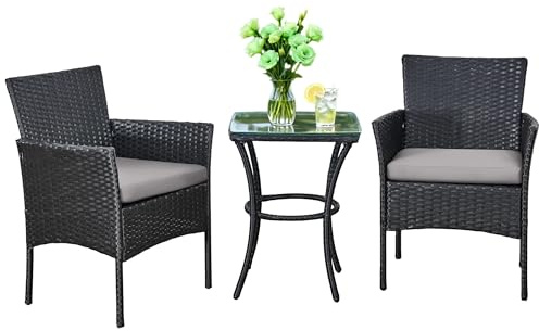 Yaangagpe 3 Piece Black Rattan Bistro Set, Garden Furniture with 1 Coffee Table, 2 Single Rattan Chairs & Removable Cushions for Balcony, Backyard, Porch & Conservatory