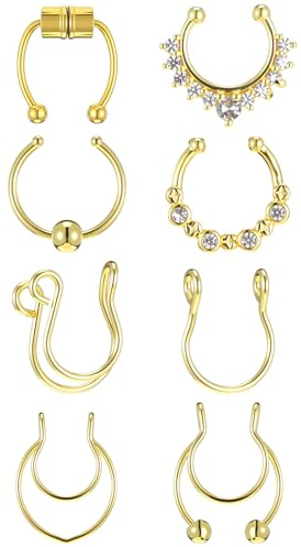 HekouJiub 8 Piezas Falso Piercing de Septum Dorado 16/20G Piercing de Nariz Aros de Herradura Acero Clip-on Anillo de Septum Falso Piercings de Labios Joyería para Mujeres Hombres