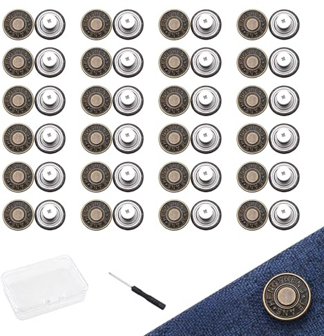 Cyberwork Lot de 24 boutons pour jeans 17 mm, boutons rétractables et amovibles sans couture, réglables en métal pour réparation de pantalons, jeans et réglage de la taille