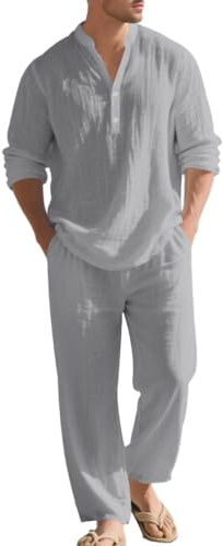 Oanviso Hombre 2 Piezas de Algodón y Lino Mangas Larga Camisa Moda Camiseta + Pantalones de Playa Deportivos Pantalón Completo Casual Traje Conjuntos Primavera Verano B Gris L