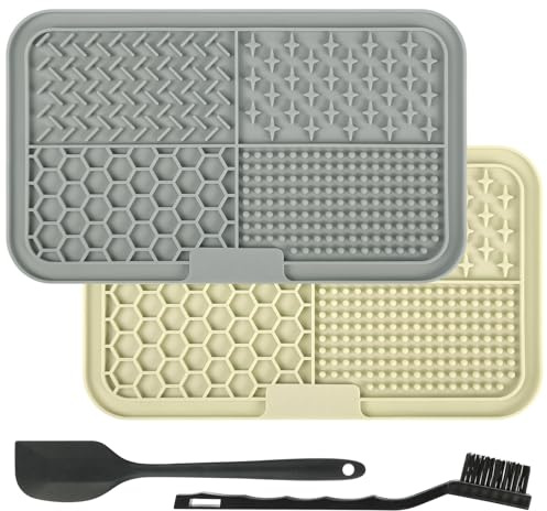 Adiwo Licking Mat for Dogs & Cats, 2 Pack Square Slow Feeder Mat with Suction Cups, Premium Lick Mats for Anxiety Relief Boredom,Dog Treat Mat for Butter, Yogurt, Peanuts (Beige + Gray)