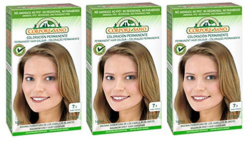 Corpore Sano Pack x3 Unidades Tinte Rubio Dorado 7.3 Permanente 140ml - Tinte de coloración sin amoníaco, resorcinol ni parabenos. Los champús naturales de Henna poténcia la durabilidad del color