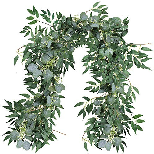 Fake Greenery Garlands Artificial Silver Dollar Eucalyptus Garland in Grey Green and Willow Twigs Garland Intertwined Together for Rustic Wedding Arch Swag Doorways Table Runner Decoration