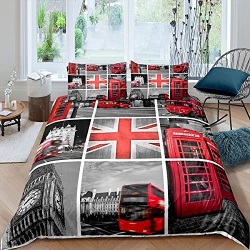 Tbrand Mädchen Big Ben Bettbezug Set für Kinder Frauen Männer Rot Grau London UK Thema Bettwäsche Set 135x200cm Berühmte Telefonzelle Betten Set Retro England Bus Dekor
