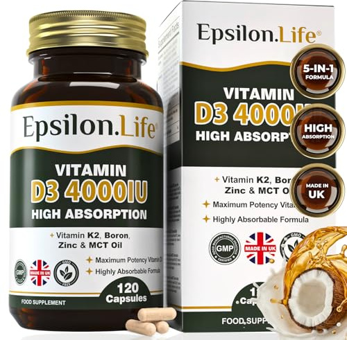 Vitamin D3 and K2 with Zinc - High Strength 4000IU Vitamin D & K2 MK7 Formula - Includes Boron & MCT Oil for Optimal Absorption - 120 Capsules (4 Month Supply) - No Fillers - Made in the UK