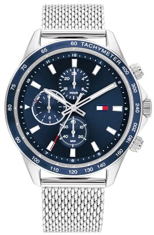 Tommy Hilfiger Multi Zifferblatt Quarz Uhr für Herren mit Silbernes Edelstahl-Mesh-Gliederarmband - 1792018