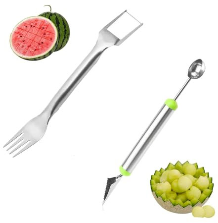 Taglierina per Melone,2 Forchetta e Scavino Taglia Cocomero 2 in 1 Affettatrice per Anguria Melone Cucchiaio Per Frutta Affettatrice a Forchetta per Frutta Gelato Gadget Cucina