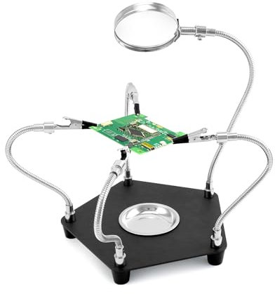 QWORK® Station de soudage de troisième main avec loupe 3X et 4 bras flexibles, aide à la soudure pour l'électronique, les bijoux, l'artisanat et plus encore