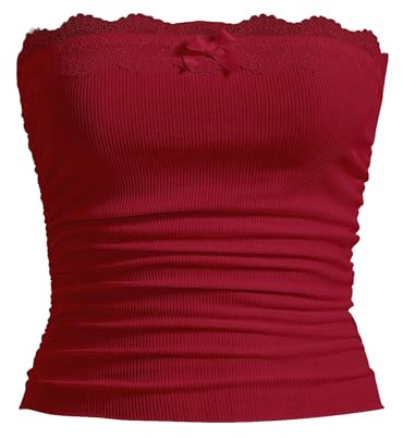 SANSIWU Women Lace Trim Tube Top Y2k Strapless Backless Bandeau Cami Tops Fairy Grunge Aesthetic Vest Streetwear (Red, L)